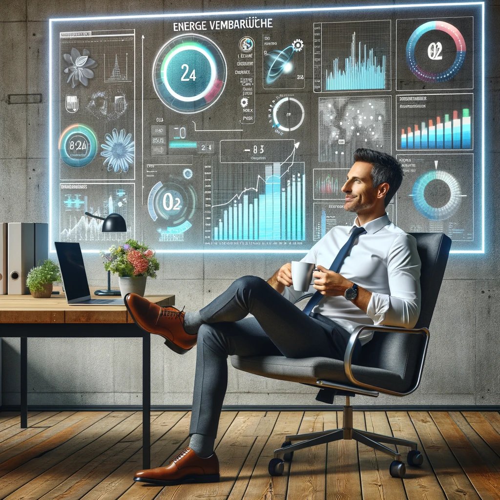 DALL·E 2024-02-21 13.36.38 - Ein Bild, das einen Unternehmer zeigt, der entspannt in einem Bürostuhl sitzt und Kaffee trinkt, während er auf eine Wand mit einer Visualisierung der DALL·E 2024-02-21 13.36.38 - Ein Bild, das einen Unternehmer zeigt, der entspannt in einem Bürostuhl sitzt und Kaffee trinkt, während er auf eine Wand mit einer Visualisierung der